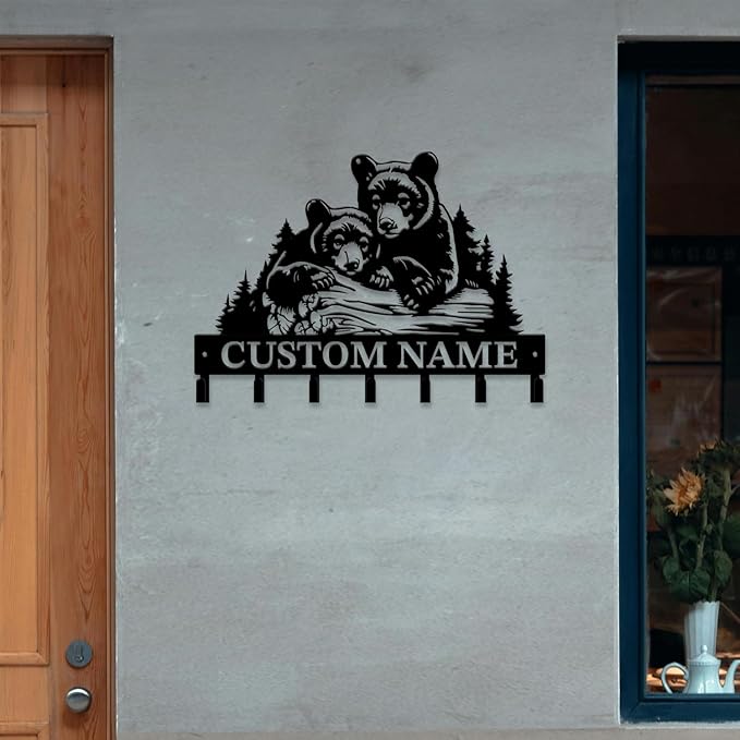 Personalized Custom Name Bear Key Wall Hooks,Metal Bear Keys Clothes Hooks,Metal Bear Wall Home Storage Decorative,For Front Door, Hallway, Kitchen, Bedroom,Keys,Hats (Style K)