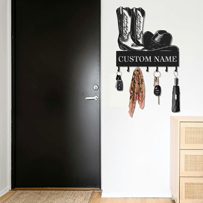 Personalized Key Holder for Wall, Custom Metal Cowboy Key Hooks with Name, Meta Jacket Holder Hooks Organizer Rack, Jacket Hanger Decor for Kitchen, Entryway, Hallway, Office, Doorway