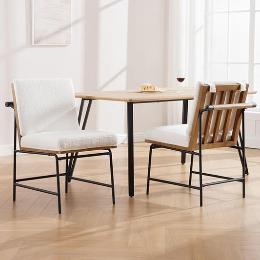 DUOMAY Mid-Century Modern Dining Chairs Set of 2, Sherpa Upholstered Side Chair with Rear Handle, Armless Chair with Metal Legs for Kitchen Dining Room Living Room Vanity, White