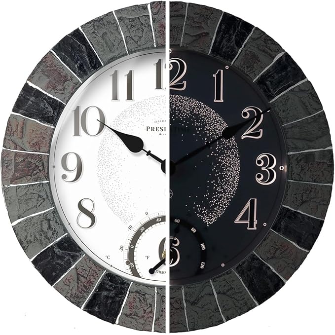 Presentime & Co 14" Illuminated in/Outdoor Clock with Smart Sensor and Night Light, Waterproof, Large Wall Clock with Thermometer, for Garden and Patio -Faux Slate.
