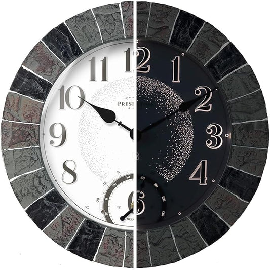 Presentime & Co 14" Illuminated in/Outdoor Clock with Smart Sensor and Night Light, Waterproof, Large Wall Clock with Thermometer, for Garden and Patio -Faux Slate.