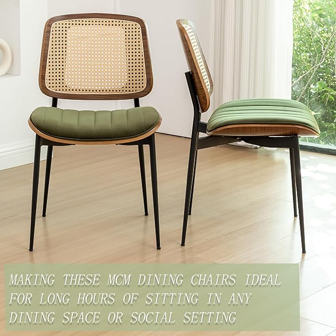 LUNLING Dining Chairs Set of 2 Mid Century Modern Retro Green Velvet Kitchen Chairs with Walnut Bentwood Upholstered Seat Metal Legs Adjustable Foot for Kitchen Dining Room Chairs(Green Fabric)