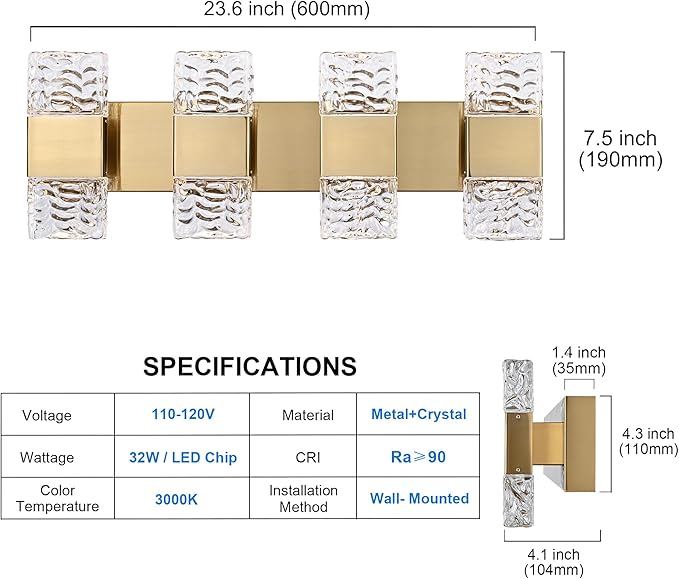 MELUCEE 4 Lights Bathroom Vanity Light Fixtures Modern LED Vanity Lighting Fixture Brass Crystal Vanity Light Bar 32W LED Wall Mounted Lamp Above Mirror Sink Dressing Table, 3000K Warm Lighting