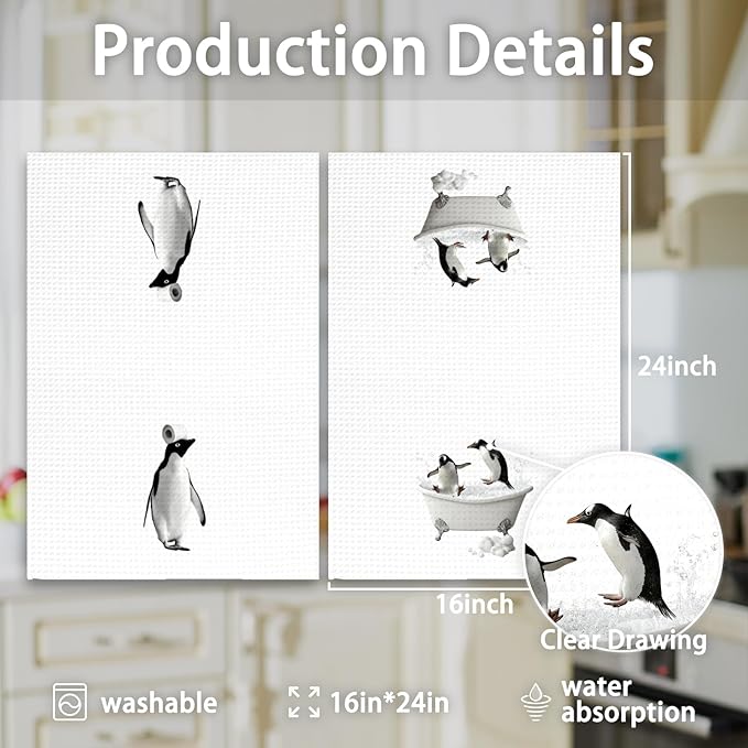 Funny Penguin Hand Towels Set of 2, Funny Penguins Take a Bath Hand Towels for Bathroom Washroom Restroom, Penguin Decor Gifts for Kids, Cute Penguins Kids Nursey Bathroom Decor, 16x24In