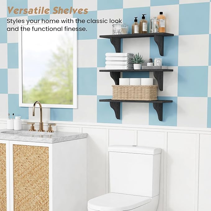 Forbena Wall Mounted Shelves for Bedroom 24 Inches Long, 8 Inch Deep Floating Shelves for Wall, Large Hanging Arched Shelf for Kids Bathroom Living Room Office Decor Plants Books (3-Pack, Black)