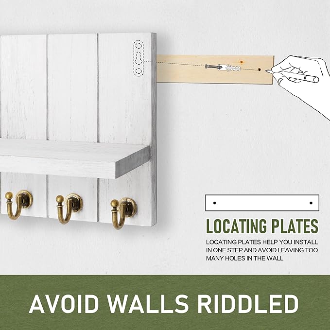 Rebee Vision Decorative Key and Mail Holder for Wall - Farmhouse 15 Inches Floating Shelf with 7 Sturdy Key Hooks for Home Entryway Wall Decor - Rustic Key Racks (White)