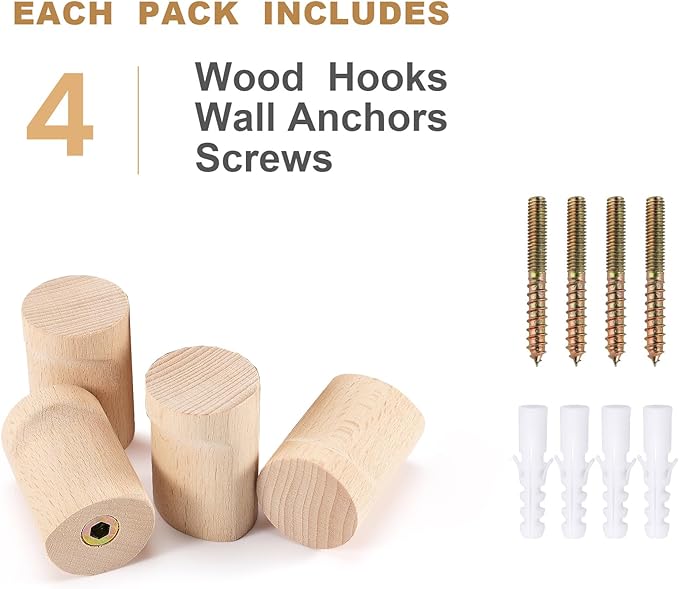 Wood Wall Hooks, 4 Pack Natural Wooden Coat Hooks Wall Mounted, Rustic Hat Hooks, Heavy Duty Entryway Wall Hangers for Hanging Purse, Towels, Clothes, Backpack
