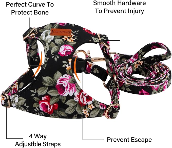 CHEDE Floral Pattern Dog Harness - Lightweight, Soft, Adjustable, Small & Medium Dog Harness and Leash Set, Suitable for Puppy (S, Black Flower)