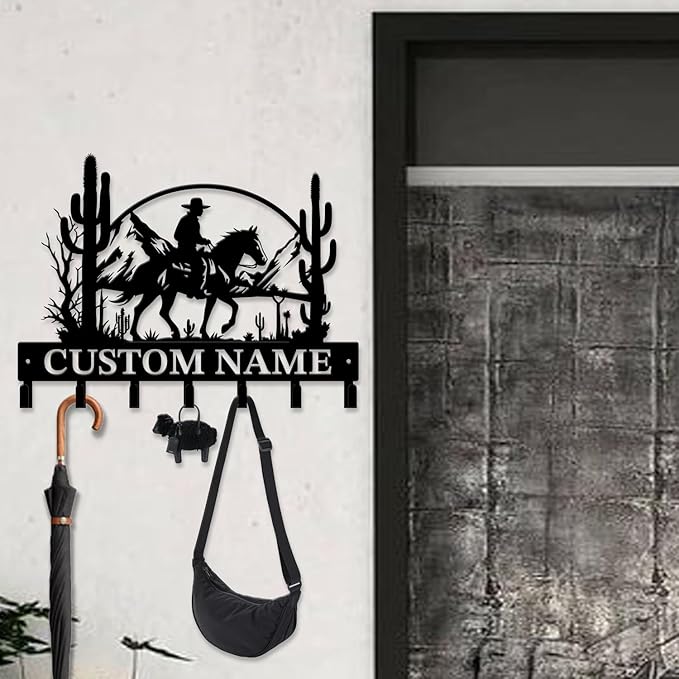 Custom Western Cowboy Metal Iron Key Hooks,Personalized Name & Text Engraving,Decor Wall Keys Holder for Home Entryway (Style B)