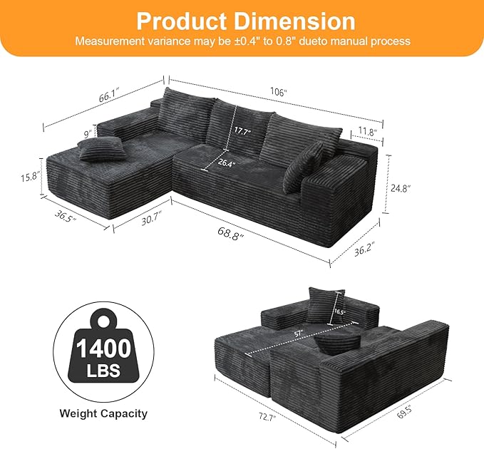 106'' Boneless Couches for Living Room, L Shaped Modular Sectional Sofa with Chaise Lounge, Faux Rabbit Fur & Layered Cushion Deep Seat Cloud Couch, No Assembly (Dark Grey, Left Facing Chaise)