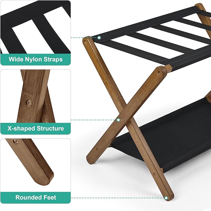 VASMIA Luggage Rack, Folding Suitcase Stand with Storage Shelf,Bamboo Luggage Stand for Guest Room,Bedroon and Hotel,Holds up to 131 lb,Fit Most Luggage Size,Walnut