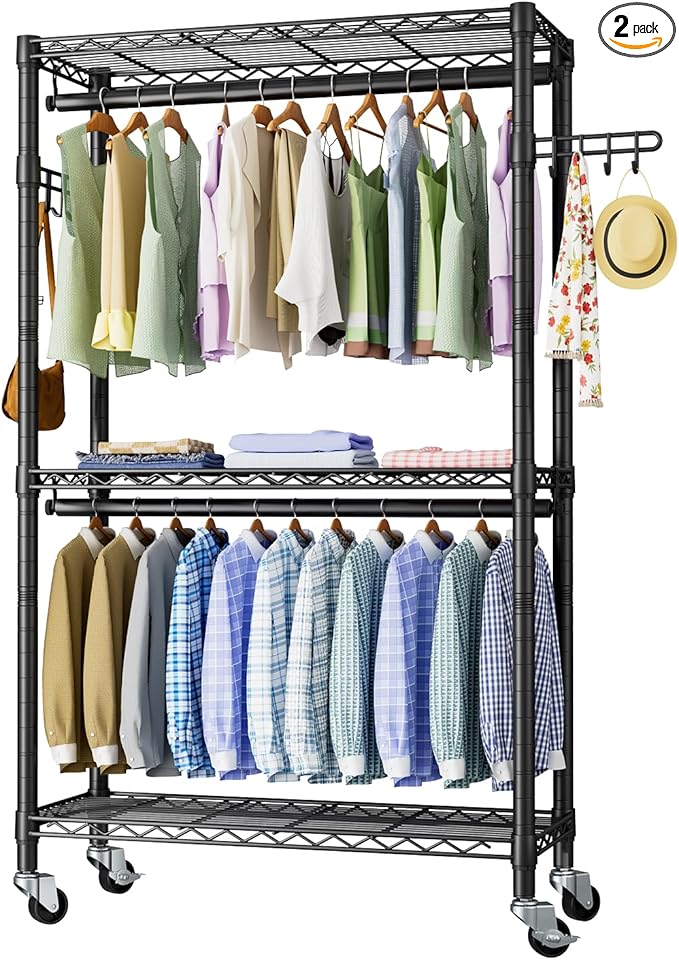 Heavy Duty Clothes Rack Rolling Garment Rack,3 Tier Adjustable Wire Shelving Clothing Racks for Hanging Clothes with Double Rods&Side Hooks,Freestanding Wardrobe Storage Rack Metal Portable Closet