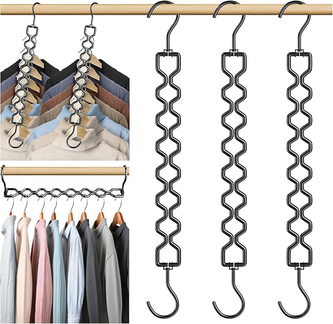3 Pack Space Saving Hangers for Clothes, Heavy Duty 30Lbs Capacity Magic Clothes Space Saver Sturdy Metal Hanger Organizer with 360° Swivel Hook, Closet Organizers Storage Dorm Essentials Black
