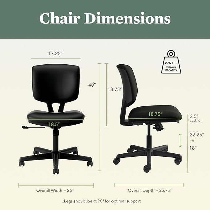 HON Volt Armless Chair, Ergonomic Adjustable Center-Tilt Recline, Leather Back and Seat, Swivel Desk Chairs Ergonomic, Black