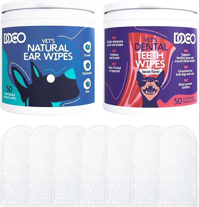 DOCO Dog & Cat Ear & Teeth Cleaning Wipes Kit - Removes Plaque, Tartar & Wax, Freshens Breath, Soothes Ears with Chamomile, Aloe & Bacon Flavor - Gentle & Effective for All Pets, 100 Count