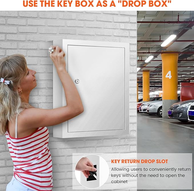 125 Key Lock Box Wall Mount with Anti-Theft Deposit Key Slot, White Key Cabinet with Key Hooks & 125 Tags Key Labels, Key Safe for Hotels & Office & Companies & Car Dealerships
