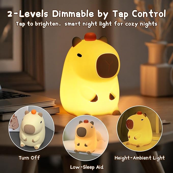 Capybara Lamp,Cute Capibara Night Light, LED Squishy Novelty Animal Lamp,Dimmable Soft Silicone Nursery Nightlight for Kids, Rechargeable Bedroom Touch Lamp, Dorm Decor, Baby Boys Girls Gift