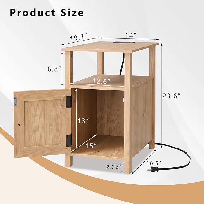 Farmhouse Nightstand Set of 2, End Table with Charging Station, Rustic Side Table w/Barn Door & Open Shelves, Bedside Table w/Storage Space and Storage Cabinet for Bedroom, Living Room (Natural)