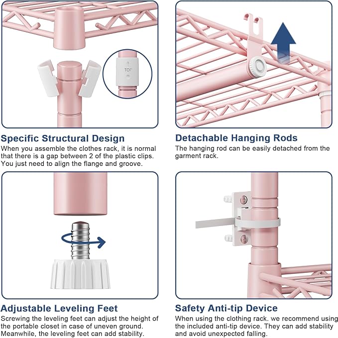 Ulif E12 Clothes Rack，Heavy Duty Freestanding Garment Rack with Shelves，Metal Clothing Closet Storage System for Hanging Clothes，71" W x 16" D x 76.5" H, Hold 960 lbs，Pink