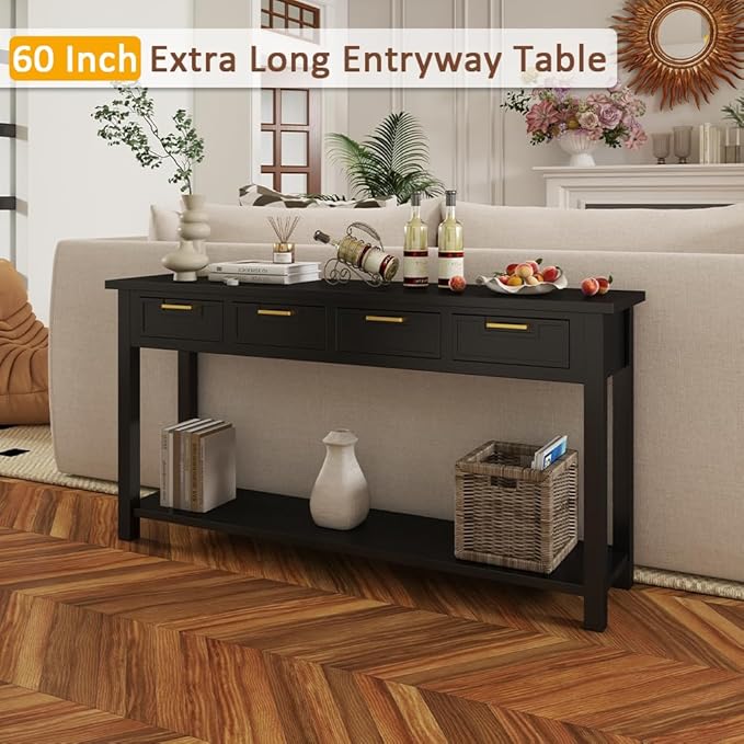 Console Table for Entryway, 60 Inch Sofa Table w/4 Drawers and Bottom Shelf Narrow Long Hallway Table for Living Room Entryway Home, Black