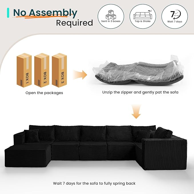 156" U Shaped Cloud Couch Sectional Couch with Deep Seat, 7 Seater Corduroy Modular Couches, Boneless Sofa with Removable Ottoman, Sectional Couches for Living Room, No Assembly Required, Black