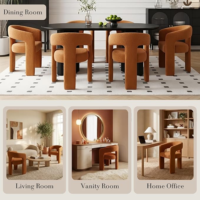 Modern Sherpa Dining Chairs Set of 2, Upholstered Barrel Chairs with Arms Comfy Accent Side Chairs for Living Room/Dining Room/Reception, Terra Cotta