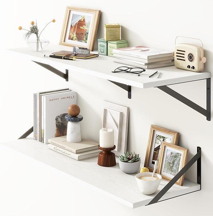36"W x 12"D Floating Shelves, White Deep Floating Shelves for Wall with Brackets, 12 Inch Deep Wall Shelves for Books, Wide Display Storage Shelves for Bathroom, Living Room, 36 Inch Long, Set of 2