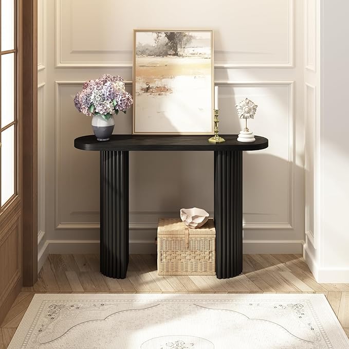 Fluted Console Table with Solid Wood Legs, 39.2" Farmhouse Entryway Table with Rounded Corners, Morden Sofa Tables Behind Couch for Foyer, Entrance, Living Room, Hallway, Black