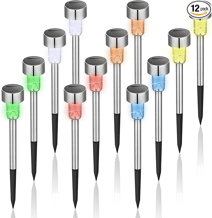 GIGALUMI Solar Lights Outdoor Waterproof, 12 Pack, Stainless Steel LED Solar Garden Lights for Patio, Lawn, Yard and Landscape, Garden Decor Patio Decor,Multicolor