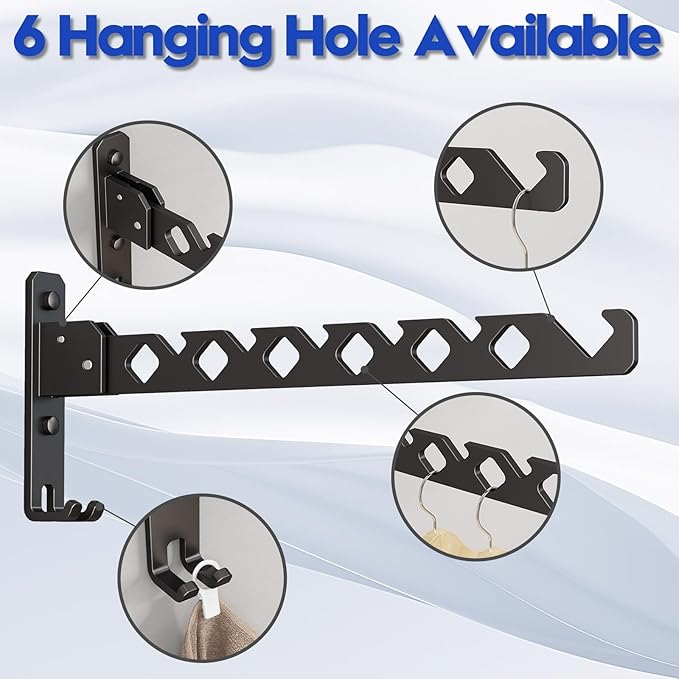 Wall Mounted Clothes Drying Rack, Wall Clothes Hanger Foldable, Laundry Hanger Hook for Bathroom, Wall Clothes Rack Indoor, Perfect for Small Spaces, Matte Black