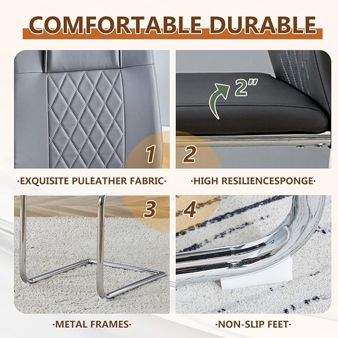 63'' Glass Dining Table Set for 6, Kitchen Table Chairs Set of 6, Clear Glass Dining Table with White unique design Leg and Silver Metal Base, 6 PU Dining Chairs with Metal Legs, Living Room, Kitchen.