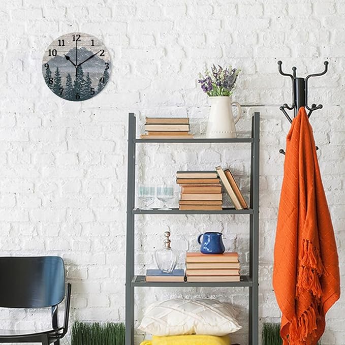 Vintage Trees Mountain Wall Clock Silent Non Ticking Wall Clock Decorative Battery Operated Wall Clocks 10 Inch for Home Kitchen Bedroom Living Room Office