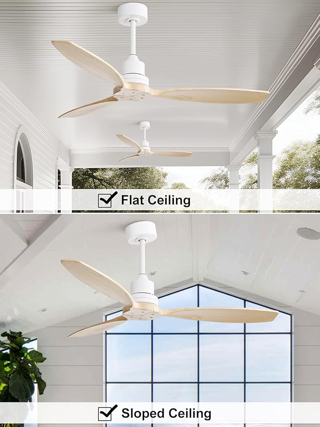 Sofucor Ceiling Fan no Lights, 52 Inch Modern Wood Ceiling Fan with Remote, 3 Wooden Blades and 3 White Downrods, for Indoor Bedroom Living Room Outdoor Patio Porch, Reversible DC Motor, Quiet
