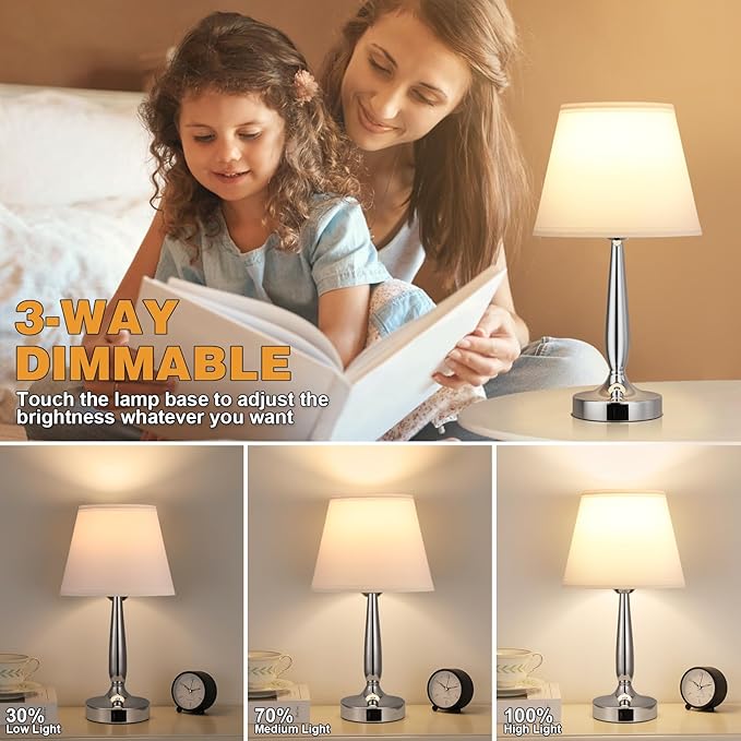 Kakanuo Touch Table Lamp for Bedroom, Small Bedside Lamp with USB C Charging Port, 3 Way Dimmable Touch Control Nightstand Lamp for Living Room and Office, White Shade and Silver Base