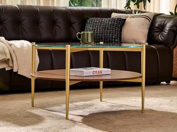 Shrine Round Glass Coffee Table, Mid-Century Modern Design, D30 x H17 in, 2-Tier Structure, Clear Glass Top and Walnut MDF Shelf, Sleek Conical Metal Legs with Gold Finish