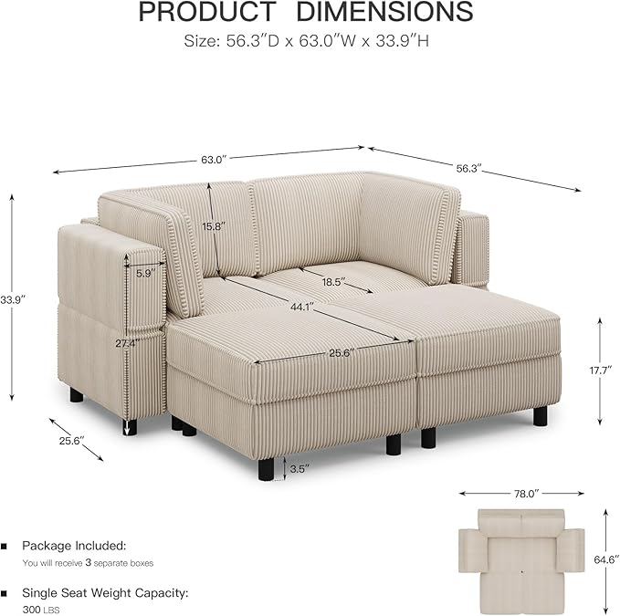 63" Modular Sectional Sofa with Storage Seat,Corduroy Sectional Couch Convertible 4 Seat Modular Sleeper Sofa Couch with Movable Ottoman Chaise,Comfy Sectional Couches for Living Room,Beige