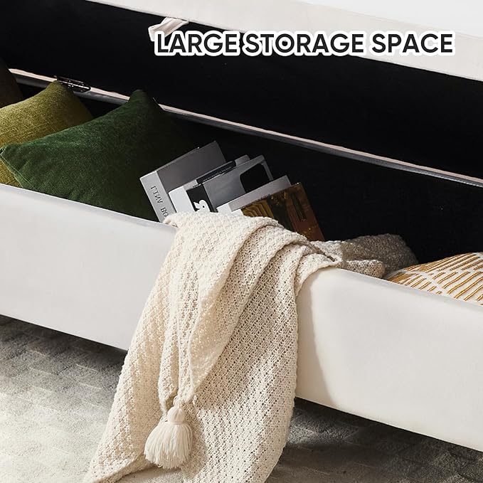 65" End of Bed Storage Bench King Size, Storage Ottoman Bench with Tufted Button Upholstered and Gold Legs, Bedroom Benches with Armrests for Living Room Window and Entryway, Beige