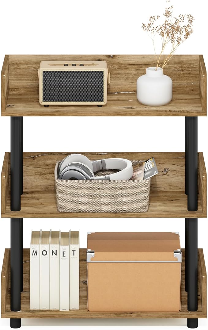 Furinno TURN-N-TUBE 3-Tier Display Shelf, Storage Shelves, Book Shelf, Open Shelves with Rounded Corner Top Edges, for Organization and Storage, Living Room, Home Office, Flagstaff Oak