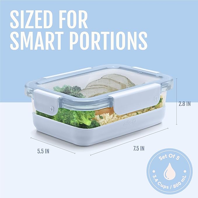 Ello Duraglass 3.4 Cup Meal Prep Sets 10Pc, 5 Pack Set- Glass Food Storage Container with Silicone Boot and Airtight BPA-Free Plastic Lids, Dishwasher, Microwave, and Freezer Safe, Halogen Blue