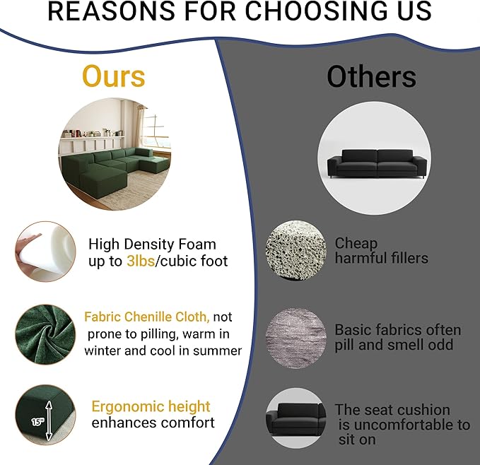 136" 6-Piece Sectional Sofa Modular Couches,L-U-Shaped with Chaise,for Living Room,Compressed Foam No Assembly,for Living Room (2xArmless Corner Ottoman) Fabric Chenille Green