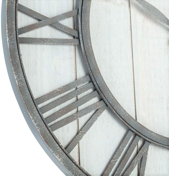 Oldtown Farmhouse Metal & Solid Wood Noiseless Wall Clock (Whitewash, 24-inch)