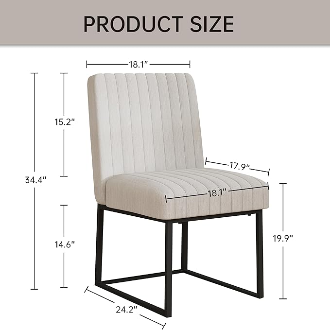VKNOW Upholstered Dining Chairs, Modern Dining Room Chairs with Stripe, Linen Kitchen Chair Dinner Chair with Black Metal Base for Kitchen Office, Beige