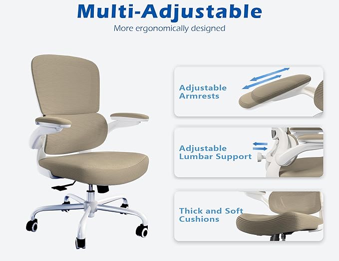 TRALT Ergonomic Office Chair - Desk Chair with Adjustable Lumbar Support Computer Chair - Mesh Comfy Chair with Flip-up Armrests - Gaming Chairs for Adults Home Office (PU Leather, Khaki)