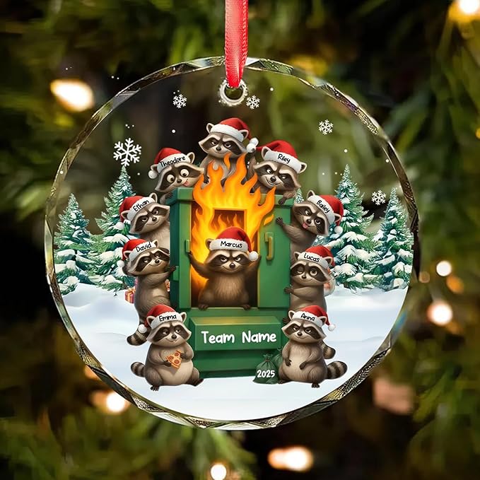 NAZENTI Personalized Funny Raccoon Chaos Response Ornament, Custom Flaming Bin Holiday Decoration, Coworker Christmas Glass Hanging Gift