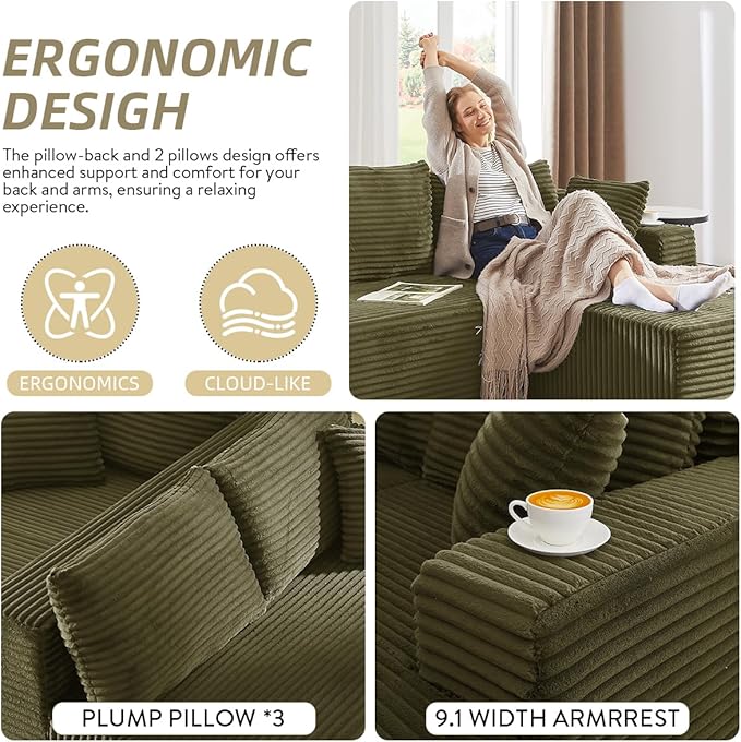104 Inch Cloud Sectional Couch with L-Shape Chaise,Modern Boneless Couches with Deep Seat,Corduroy Sponge Compressed Sofa for Living Room, Bedroom,No Assembly Required (Green, Right Facing Chaise)