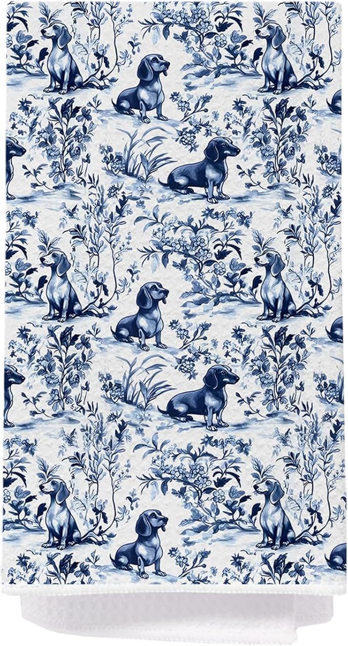 Blue Chinoiserie Dachshund Kitchen Towels, Gifts for Dachshund Lovers, Blue and White Sausage Weiner Dog Dish Tea Towels, Grandmillennial Doxie Dog Hand Towel for Bathroom Kitchen, 16x24 Inch