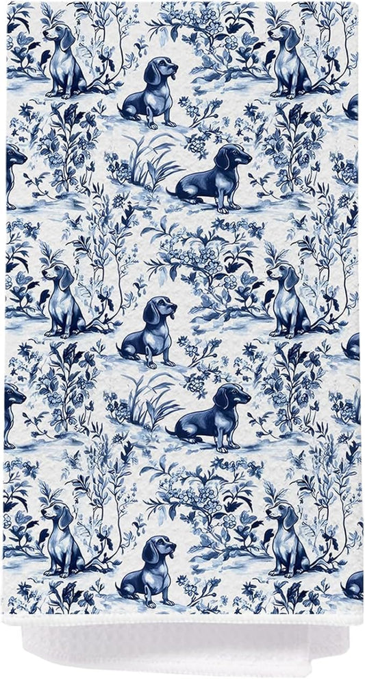 Blue Chinoiserie Dachshund Kitchen Towels, Gifts for Dachshund Lovers, Blue and White Sausage Weiner Dog Dish Tea Towels, Grandmillennial Doxie Dog Hand Towel for Bathroom Kitchen, 16x24 Inch
