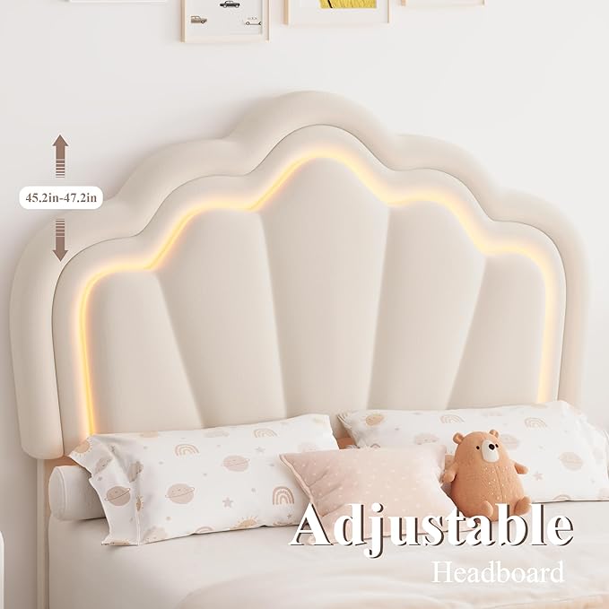 HOSTACK Twin Upholstered LED Bed Frame with Storage Drawer, Cute Girls Bed with Adjustable Lotus Headboard, Velvet Princess Platform Bed Frame, Wooden Slats Support, No Box Spring Needed, Cream