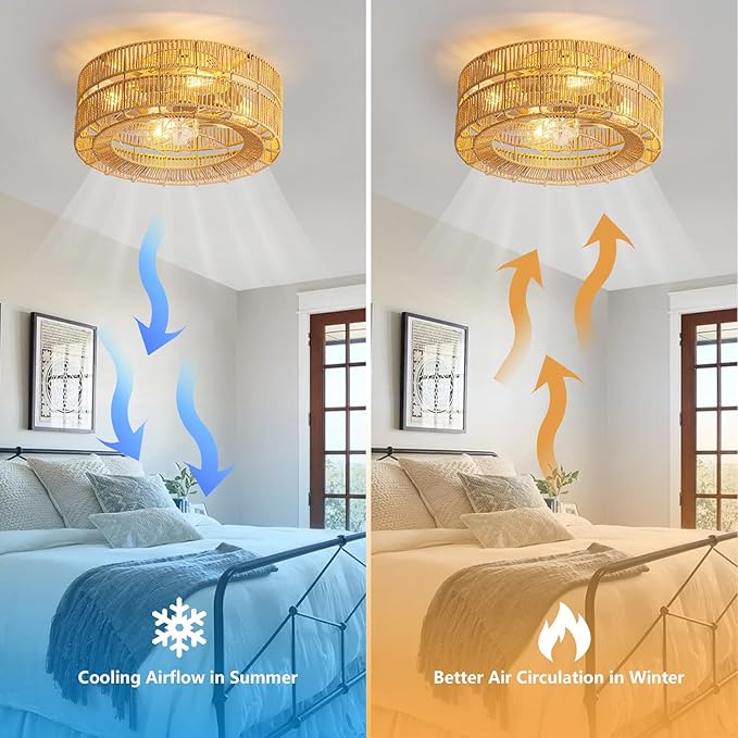 Boho Caged Ceiling Fan with Lights Flush Mount,17.7" Rattan fandelier Ceiling Fan with Remote Control,Layered Farmhouse Low Profile 6 Speeds for Bedroom,Living Room,Kitchen,Dining Room