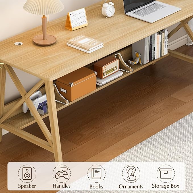 Extra Long Desk with Bookshelf - Wooden Home Office Work Study Table, Writing Computer Workstation with Storage Shelf in Oak, 47" Wx16 Dx30 H